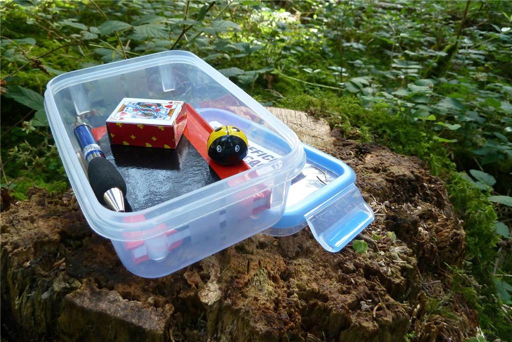 Inhalt einer Geocache-Box, unter anderem ein Stift, Logbuch und Spielzeug.