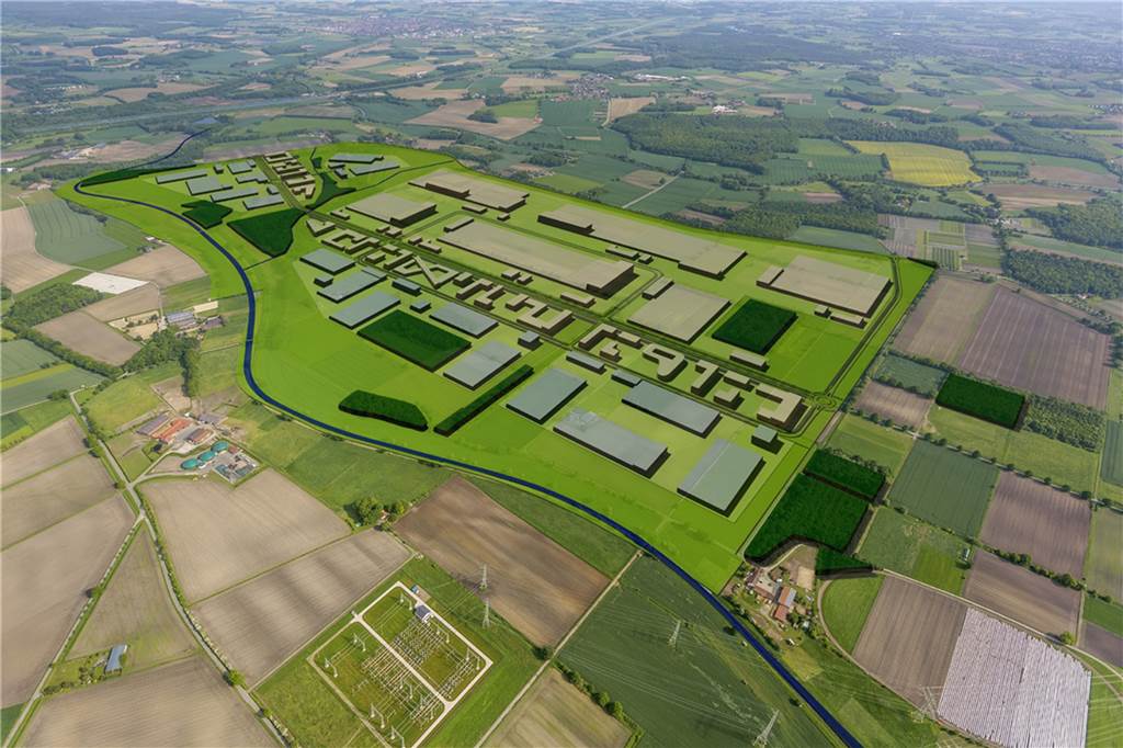 Auswirkungen des New Parks auf Verkehrssituation in Bork Das Luftbild zeigt eine Montage des neu entstehenden Gewerbegebietes New Park in Datteln in den Rieselfeldern.