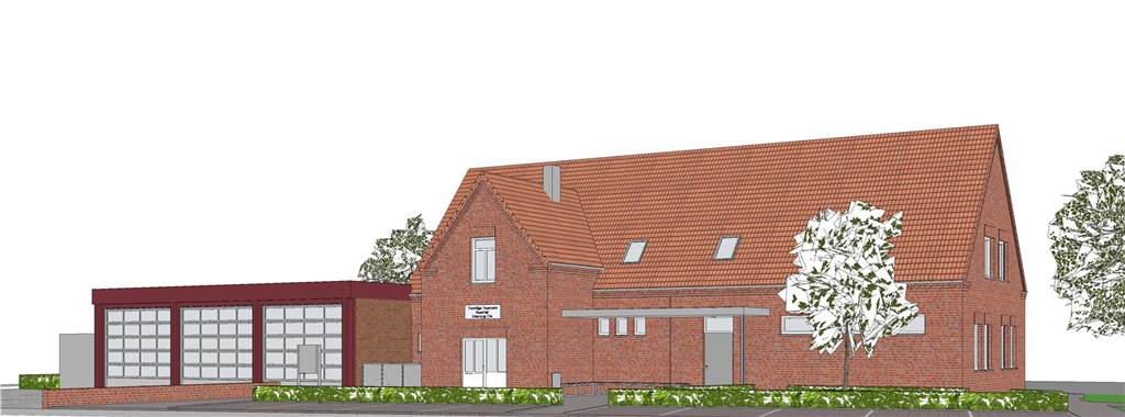 Erster Spatenstich für die Erweiterung des Feuerwehrgerätehauses Erle So soll das Erler Feuerwehrgerätehaus nach der Fertigstellung aussehen.