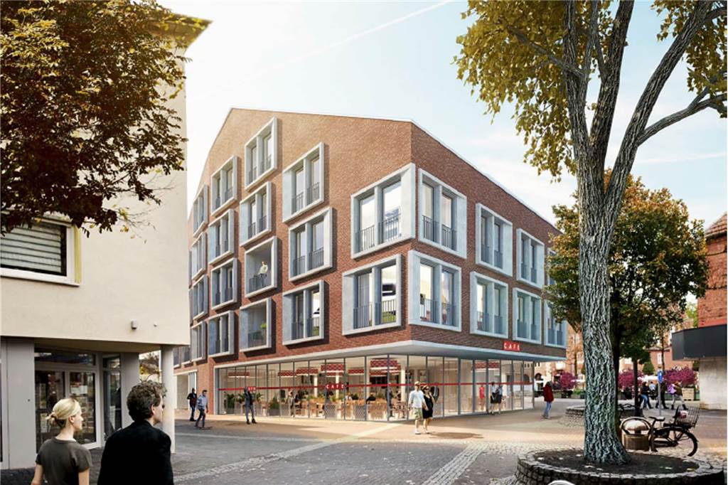 Mit Video: Großbaustelle am Vredener Markt – wann kommt das Extrablatt? So soll das fünfgeschossige Haus zwischen Markt und Domhof mit dem Café im Erdgeschoss aussehen, wenn es fertig ist. Hier die Zeichnung von der Wüllener Straße aus gesehen.