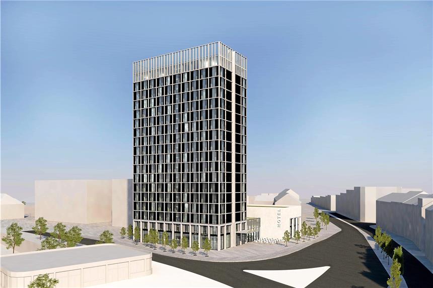 Hotelturm mit 19 Etagen geplant So soll das Hotel-Hochhaus mit 19 Etagen auf dem früheren Gelände des Stadtwerke-Depots an der Kreuzung Märkische Straße (r.) und B1 aussehen. Vorn links ist der Eingang zur U-Bahn-Station Märkische Straße zu erkennen.