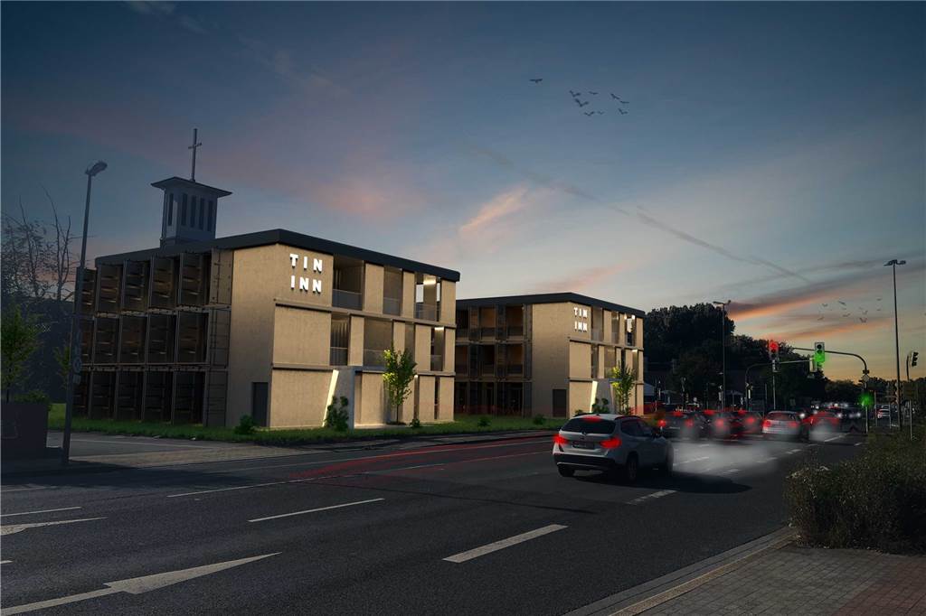 Auf der Jockenhöfer-Brache ist ein Container-Hotel geplant So soll das Hotel von der Werner Straße aus aussehen.