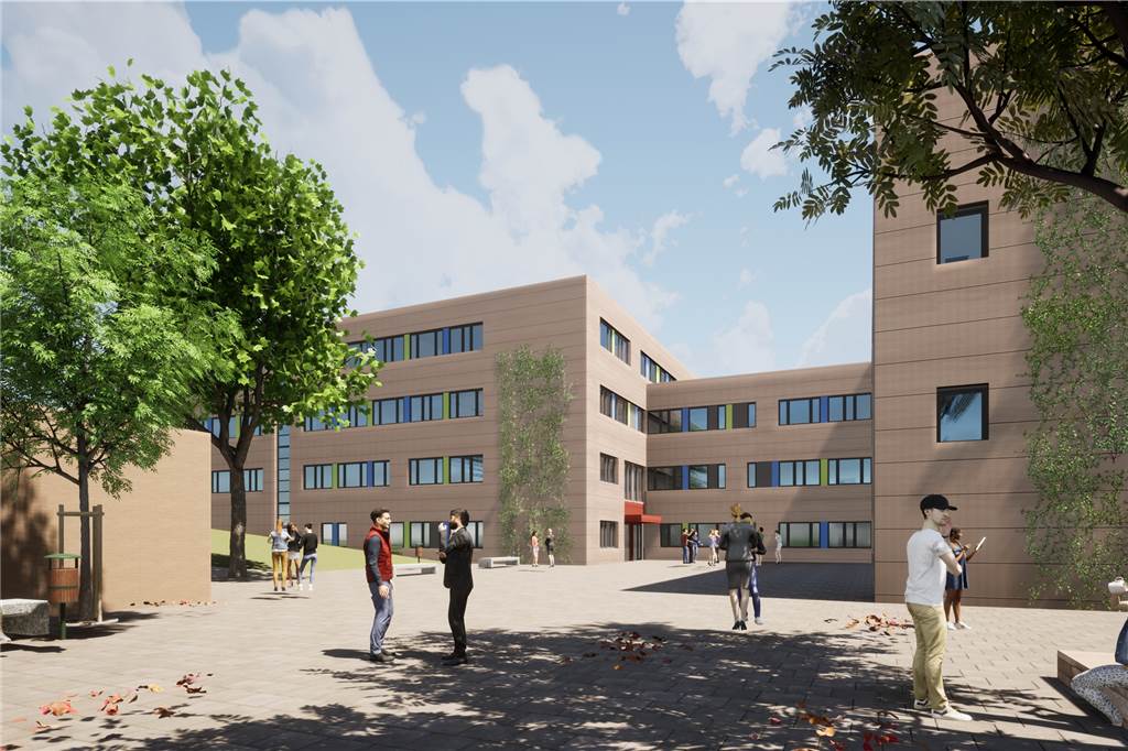 Gymnasium in Dortmund: Schule bekommt Neubau So soll das neue Oberstufenzentrum im Schulzentrum Kirchlinde aussehen. Links kann man die bestehende Turnhalle sehen.