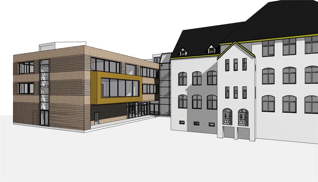 Baustelle an der Brüder-Grimm-Schule ruht: Wann ist der Erweiterungsbau fertig? So soll der Erweiterungsbau aussehen. Trotz der Verzögerungen soll der Bau Ende 2023 fertiggestellt sein.
