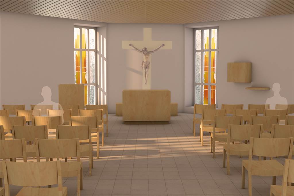 Kirche soll abgerissen werden: Platz für Neues mitten im Wohngebiet So soll der Kirchraum aussehen: rund 60 Stühle statt Bänke, bunte Kirchenfenster und eine Öffnung durch eine Doppelflügeltür in den hinteren Gemeindesaal.