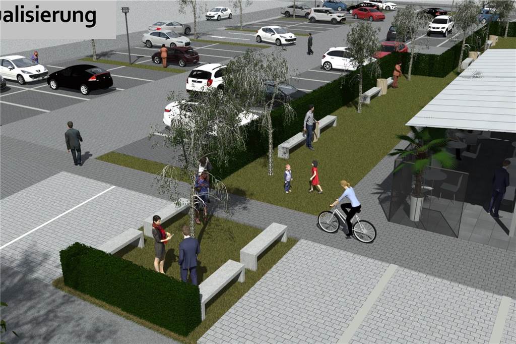 Drogeriemarkt Oeding: Alte Bäume weichen, neue Parkplätze kommen So soll der Multifunktionsplatz – Kirmesplatz – in Oeding aussehen, wenn dort noch einige Parkplätze mehr eingerichtet wurden. Die Sitzplätze an der Eisdiele (rechts) sind von einem Gehweg und Grünflächen von den Parkplätzen getrennt.