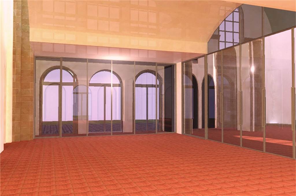 So soll der neue Pfarrsaal in der Jakobuskirche einmal aussehen. Durch große Glaswände ist er vom Rest des Kirchenschiffs abgetrennt. Bei großen Messen oder Hochzeiten können die Trennwände beiseite geschoben werden, um das ganze Kirchenschiff nutzen zu können.