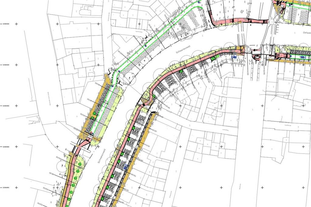 So soll der neue Radweg (rot markiert) im Bereich des Schwanenwalls verlaufen. Auf der Außenseite wird die Nebenfahrbahn teilweise zur Fahrradstraße.