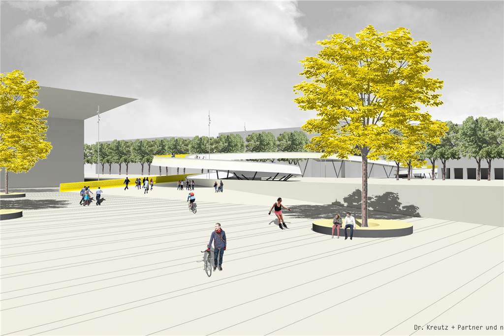 Weg zum Stadion: So soll die neue Brücke an der Lindemannstraße über die B1 aussehen So soll die Brücke der Büros Dr. Kreutz+Partner und Netzwerkarchitekten mit Blick vom Messevorplatz der Westfalenhallen aussehen.