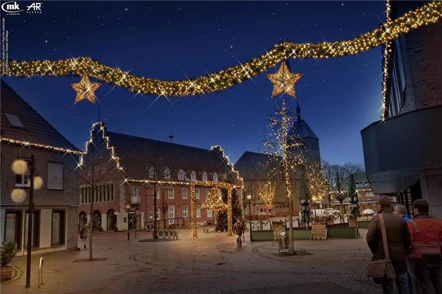 Vreden soll im neuen Lichterglanz erstrahlen So soll die Weihnachtsbeleuchtung wirken, die noch in diesem Jahr für die Vredener Innenstadt verwirklicht wird. Das neue Konzept schließt die traditionsreiche Weihnachtsglocke ein; das gilt aber nicht für die ebenfalls als Option noch dargestellten leuchtenden Konturen der Gebäude.