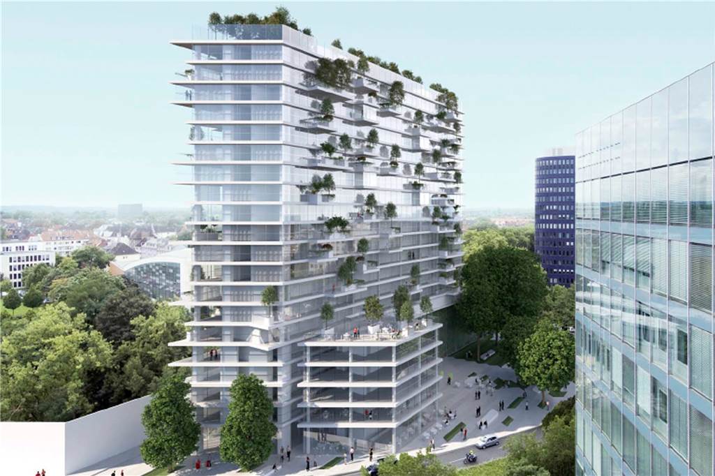 Neuer Anlauf für umstrittene Hochhaus-Pläne in der Innenstadt So soll sich das Hochhaus auf dem Platz von Rostow schräg gegenüber dem Bürogebäude Ellipson (farbig, r.) darstellen.