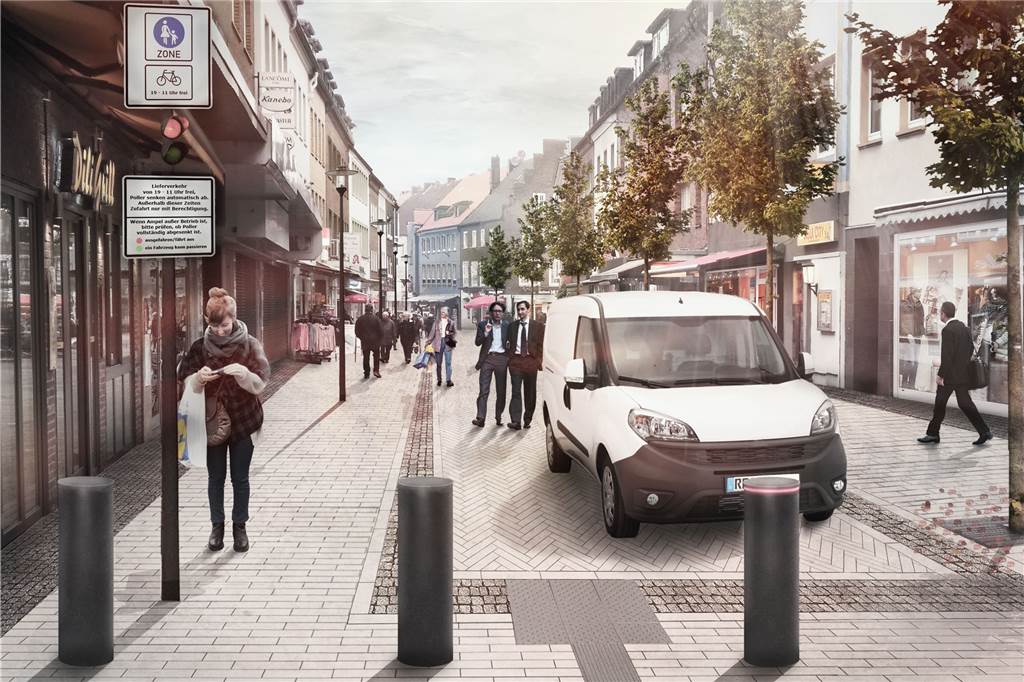 Die ersten Sicherheitspoller in der Innenstadt von Dorsten stehen So sollen die vollautomatischen Poller künftig die Essener Straße absperren.