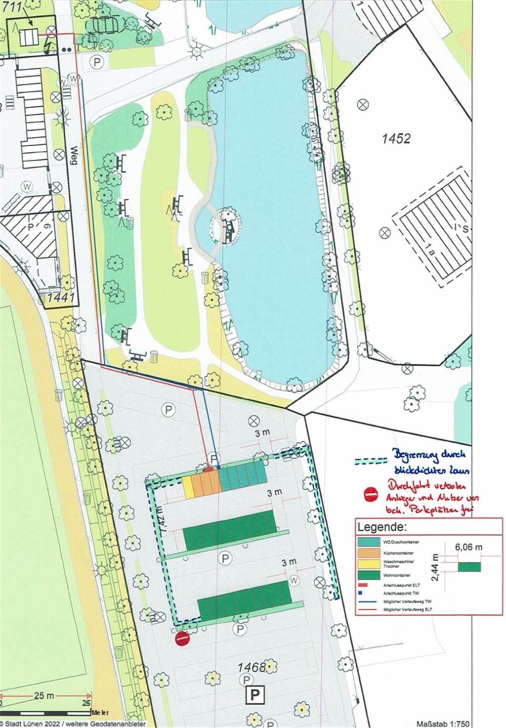 Container für Flüchtlinge am Cappenberger See auf dem Weg - Politik sauer So sollen die Wohncontainer auf dem Parkplatz am Cappenberger See aufgebaut werden. Laut Verwaltung müsen die Module der Wohnunterkunft dann nicht mehr umfahren werden, wenn man den Parkplatz verlassen möchte. Die Behindertenparkplätze bleiben erreichbar.