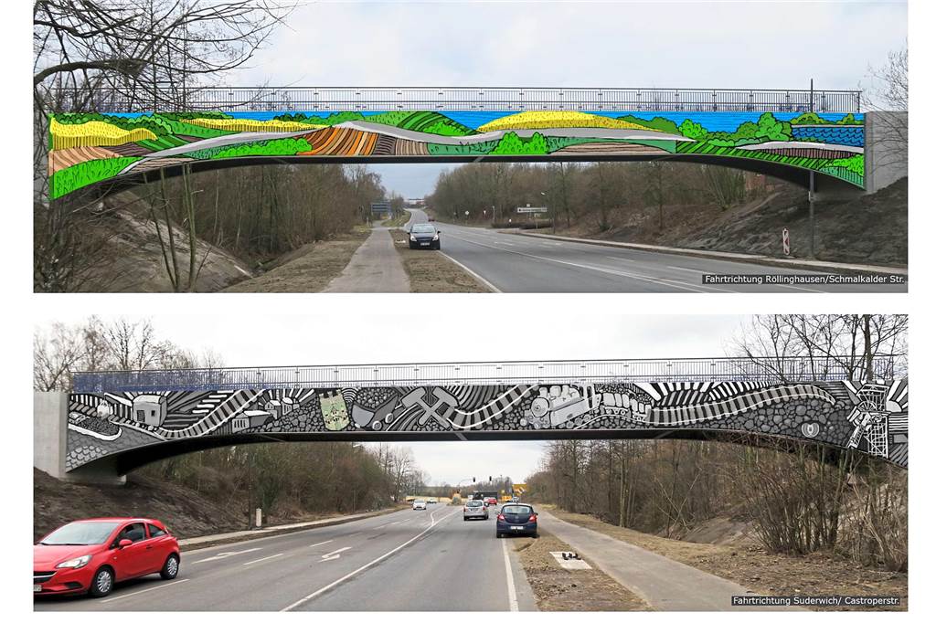 König-Ludwig-Trasse: Abgelehntes Brücken-Graffito entsteht in Castrop-Rauxel Graffiti-Entwürfe für die Brücke der König-Ludwig-Trasse über die Röllinghäuser Straße in Recklinghausen.