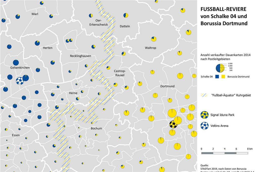 BVB, Schalke oder VfL: Für wen schlagen die Fan-Herzen in Castrop-Rauxel? So verläuft der Schalke-Dortmund-Äquator quer durch das Ruhrgebiet – genau an der Stadtgrenze Castrop-Rauxels entlang. In den Postleitzahlen-Gebieten der einzelnen Städte wird das Verhältnis zwischen der Anzahl der Dortmund- und Schalke-Fans aufgezeigt