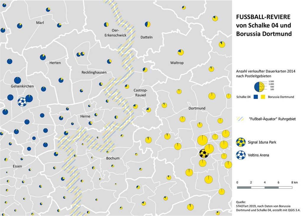 BVB, Schalke oder VfL: Für wen schlagen die Fan-Herzen in Castrop-Rauxel? So verläuft der Schalke-Dortmund-Äquator quer durch das Ruhrgebiet – genau an der Stadtgrenze Castrop-Rauxels entlang. In den Postleitzahlen-Gebieten der einzelnen Städte wird das Verhältnis zwischen der Anzahl der Dortmund- und Schalke-Fans aufgezeigt