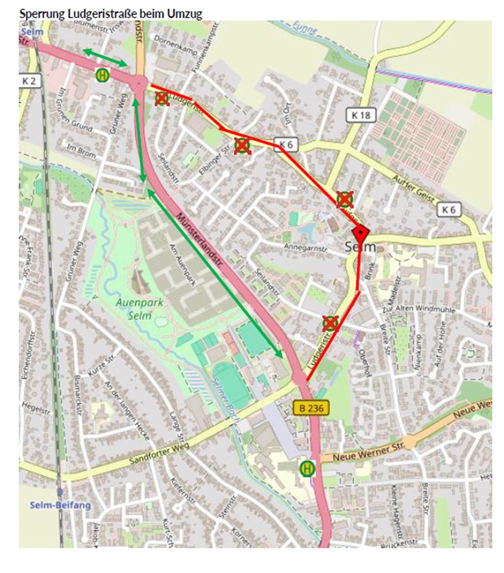 Karnevalsumzug verdrängt Busse aus der Altstadt: Haltestellen auf Ludgeristraße entfallen So werden die Busse (grüne Linie) während des Karnevalsumzuges fahren. Die Haltestellen entlang der roten Linie werden nicht angefahren.