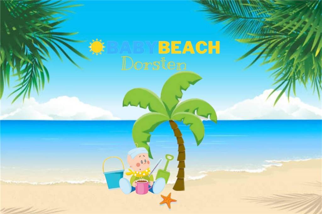 Salzinhalatorium: Dorsten bekommt einen „Babybeach“ Das Logo des Babybeaches Dorsten zeigt ein Kind am Strand mit Meer und Palme im Hintergrund.