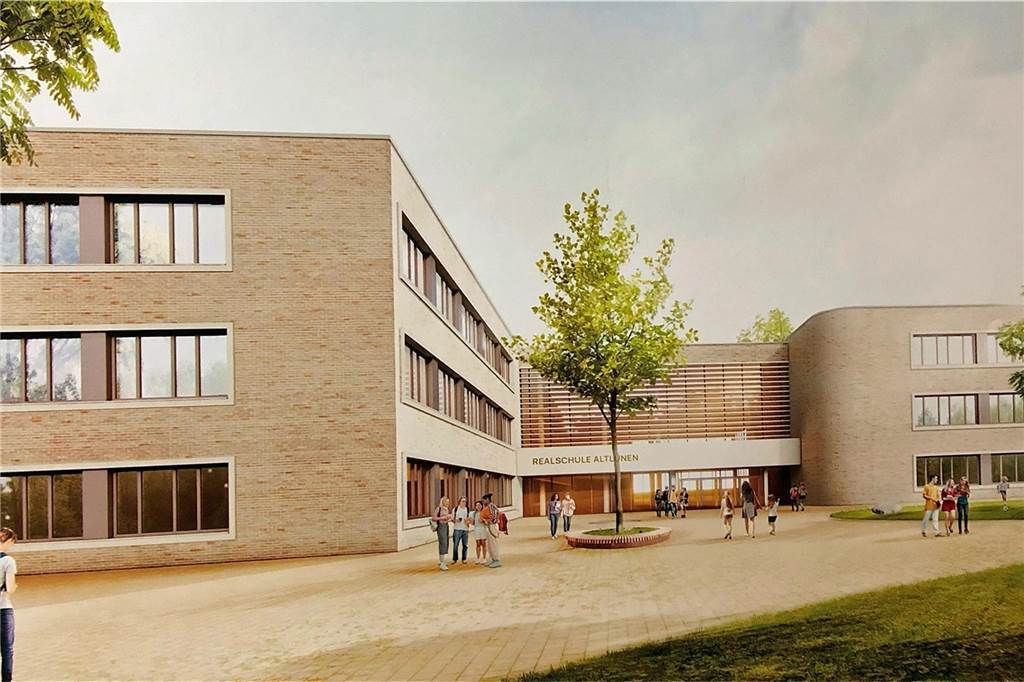 Neue Realschule Altlünen wächst: Eingangshalle ist das Herzstück So wird der Neubau einmal aussehen.
