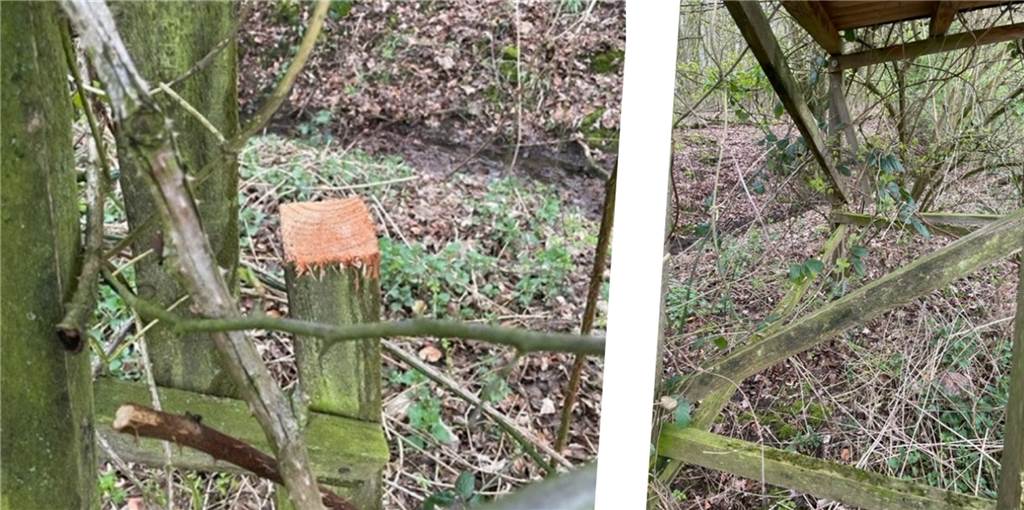 Hochsitz in Nordkirchen angesägt - Jäger Frenking: „Das geht zu weit“ Sowohl ein Pfeiler als auch Querstreben des Hochsitzes wurden von Unbekannten durchgesägt.