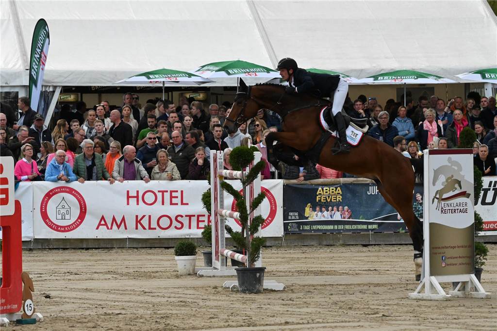 Ein Reiter springt mit einem Pferd über einen Sprung.