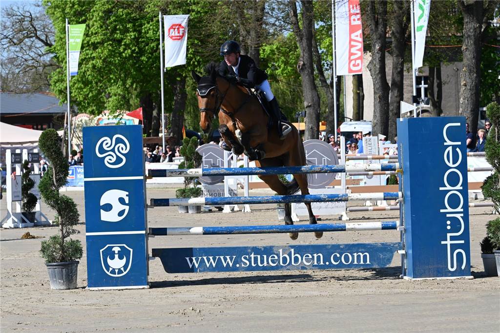 Ein Reiter springt mit einem Pferd über einen Sprung.