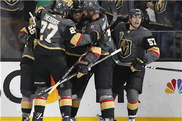 Spieler der Vegas Golden Knights jubeln nach einem Treffer. Foto: John Locher/Archiv