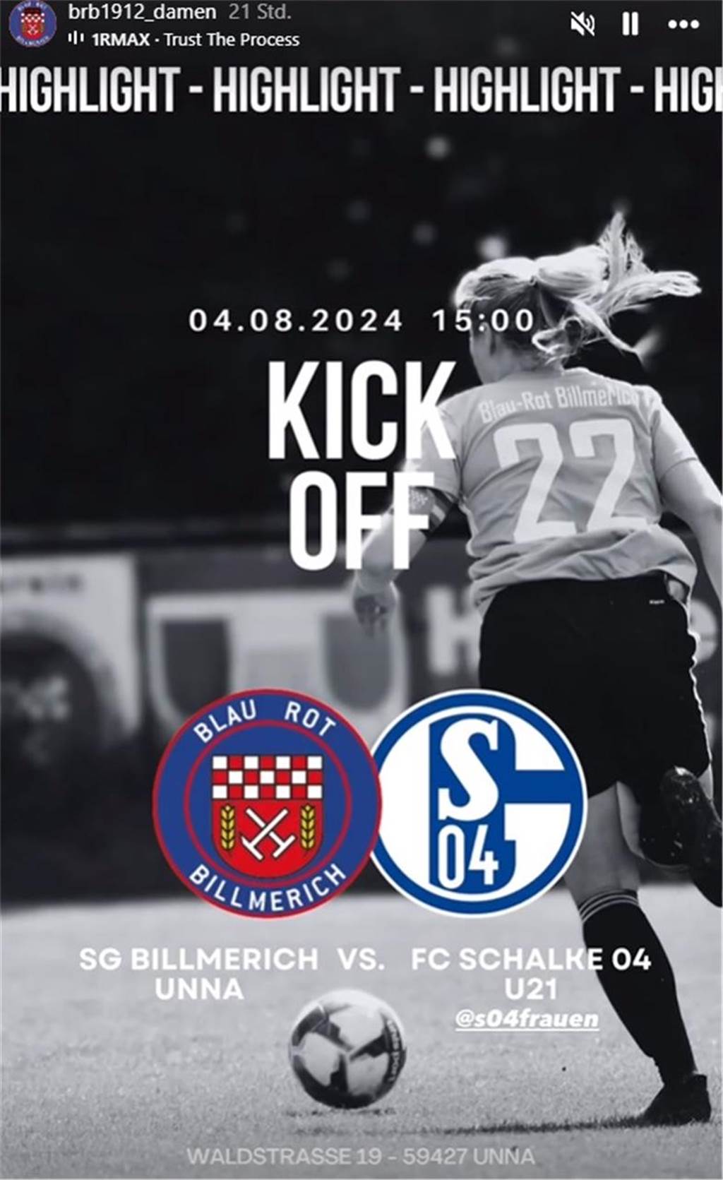 Testspiel-Hammer für die Damen des SG Billmerich Unna Spielplakat der Frauenpartie SG Billmerich Unna gegen FC Schalke 04 U21.