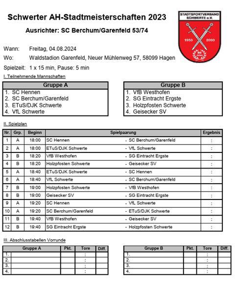 Spielplan für Schwerter Stadtmeisterschaft steht: „Knaller“ zum Auftakt, Kreisligist sagt ab Spielplan der Schwerter Fußball-Stadtmeisterschaft der Altherren.