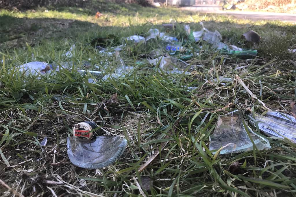 Müll säumt Weg zum Bahnhof: Gefährlich für Hunde und Kinder Spitz und gefährlich: Auch die Scherben kaputter Glasflaschen liegen im Gras.