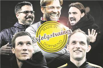 Sprungbrett Borussia Dortmund: Diese fünf Trainer der vergangenen Jahre haben entscheidende Impulse für ihre Karrieren beim BVB erhalten (v.l.o. im Uhrzeigersinn David Wagner, Jürgen Klopp, Daniel Farke, Thomas Tuchel und Hannes Wolf).