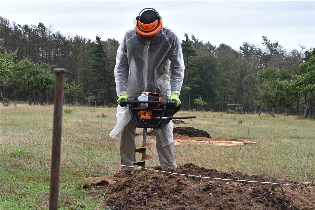 Obstbäume brauchen einen Schutzzaun gegen Rotwild Steffen Müller bereitet die Löcher für die Holzpfähle vor.