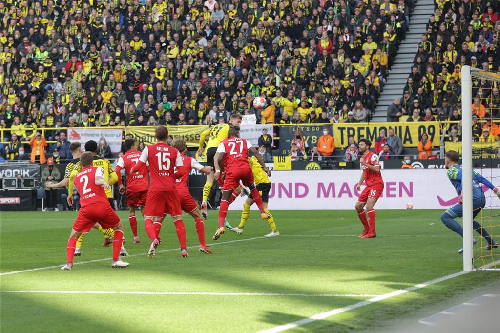 Pure Emotionen! BVB-Stürmer Steffen Tigges erfüllt sich einen Jugendtraum Steffen Tigges (hinten) köpft zum 2:0 für den BVB ein.