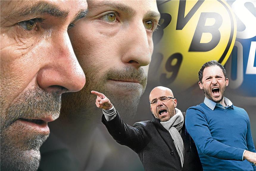 Viele friedliche Fans, nur wenige Ausnahmen Stehen im Fokus: BVB-Trainer Peter Bosz (l.) und Schalke-Coach Domenico Tedesco.