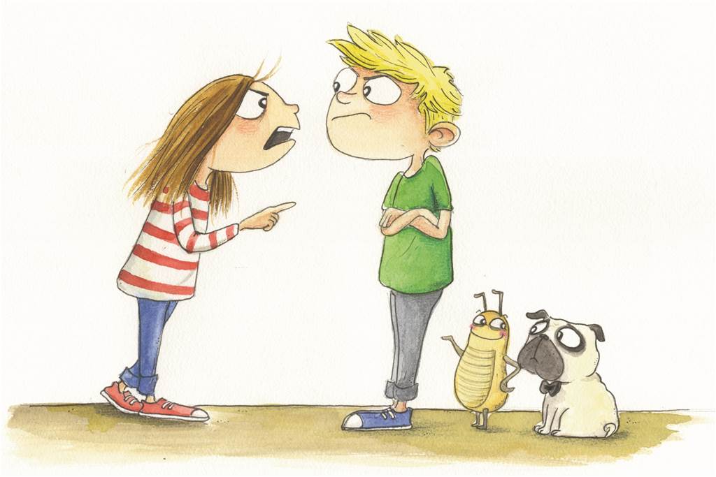 Was tun, wenn in der Familie die Fetzen fliegen? Fünf Tipps von Dr. Christian Lüdke Stella und Tom streiten sich, beobachtet von Mops Mampfred und Floh Fuzzi. Eine Illustration aus Christian Lüdkes Buch.