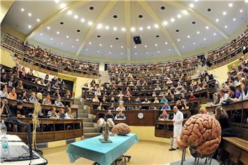 Studenten der Human- und Zahnmedizin hören im historischen Hörsaal am Institut für Anatomie der Universität Leipzig eine Vorlesung zu Neuroanatomie. Foto: Waltraud Grubitzsch