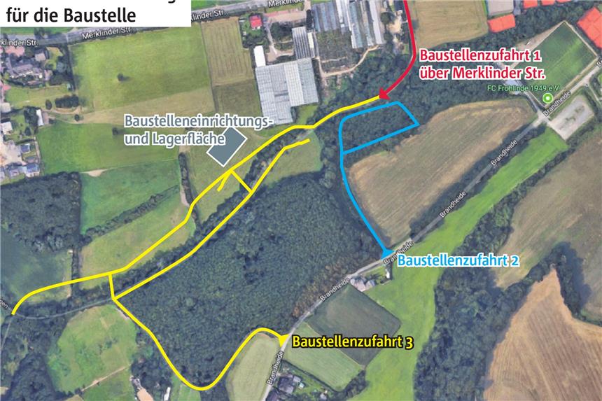 Südlich der ehemaligen Gärtnerei Gregg (oben an der Merklinder Straße gelegen) gibt es nach vielen Gesprächen eine Zufahrt zur Baustelle.