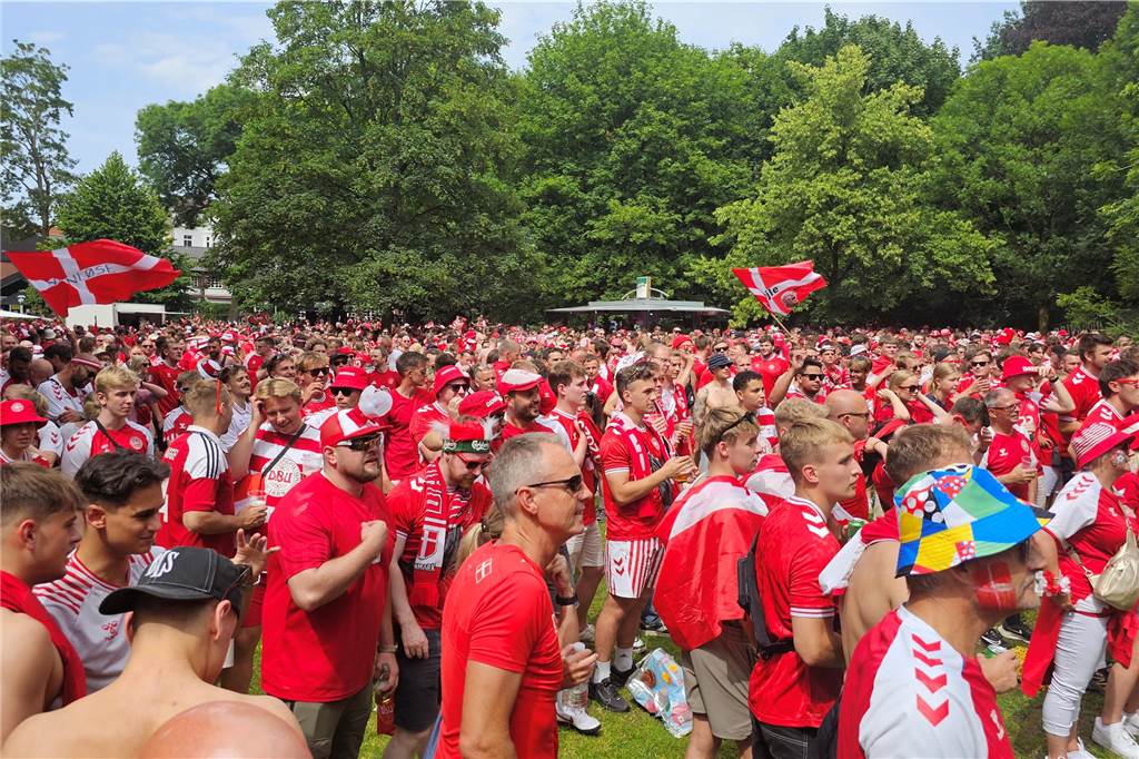 Super Stimmung bei den Dänemark-Fans in Dortmund vor dem Achtefinal-Spiel gegen Deutschland. Hier im Westpark.