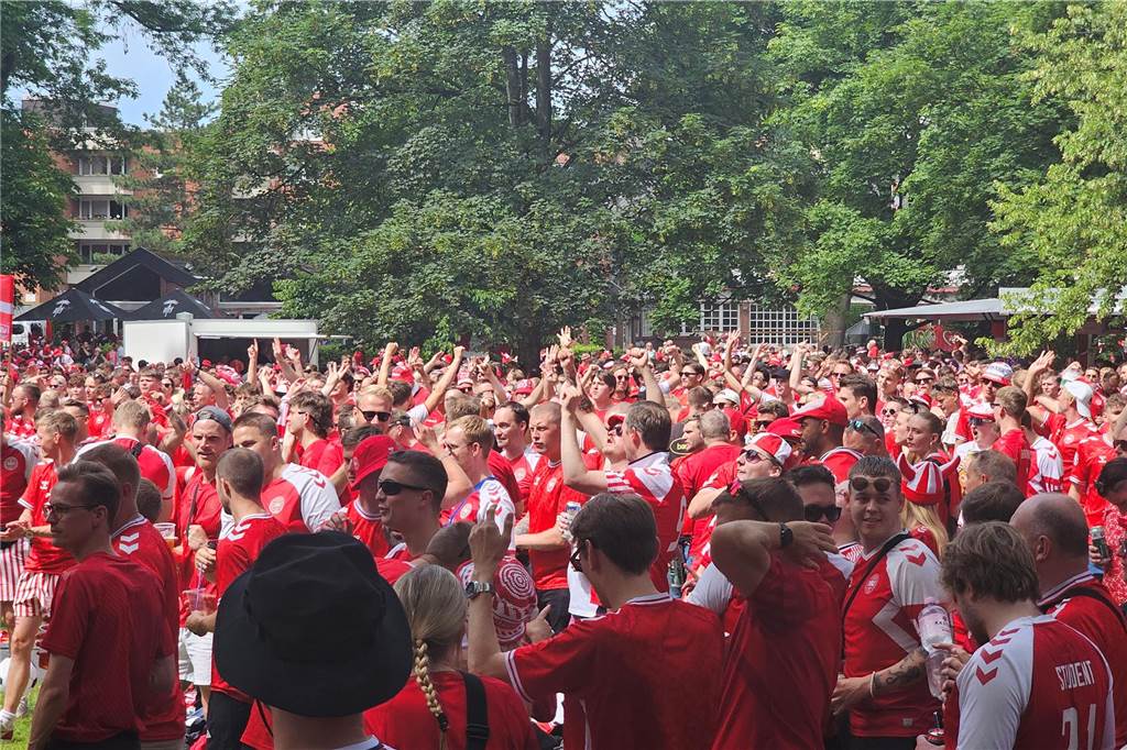 Super Stimmung bei den Dänemark-Fans in Dortmund vor dem Achtefinal-Spiel gegen Deutschland. Hier im Westpark.