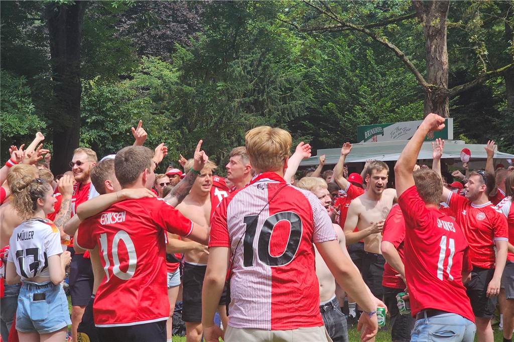 Super Stimmung bei den Dänemark-Fans in Dortmund vor dem Achtefinal-Spiel gegen Deutschland. Hier im Westpark.