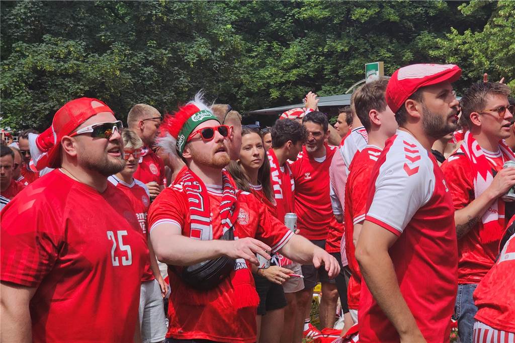Super Stimmung bei den Dänemark-Fans in Dortmund vor dem Achtefinal-Spiel gegen Deutschland. Hier im Westpark.