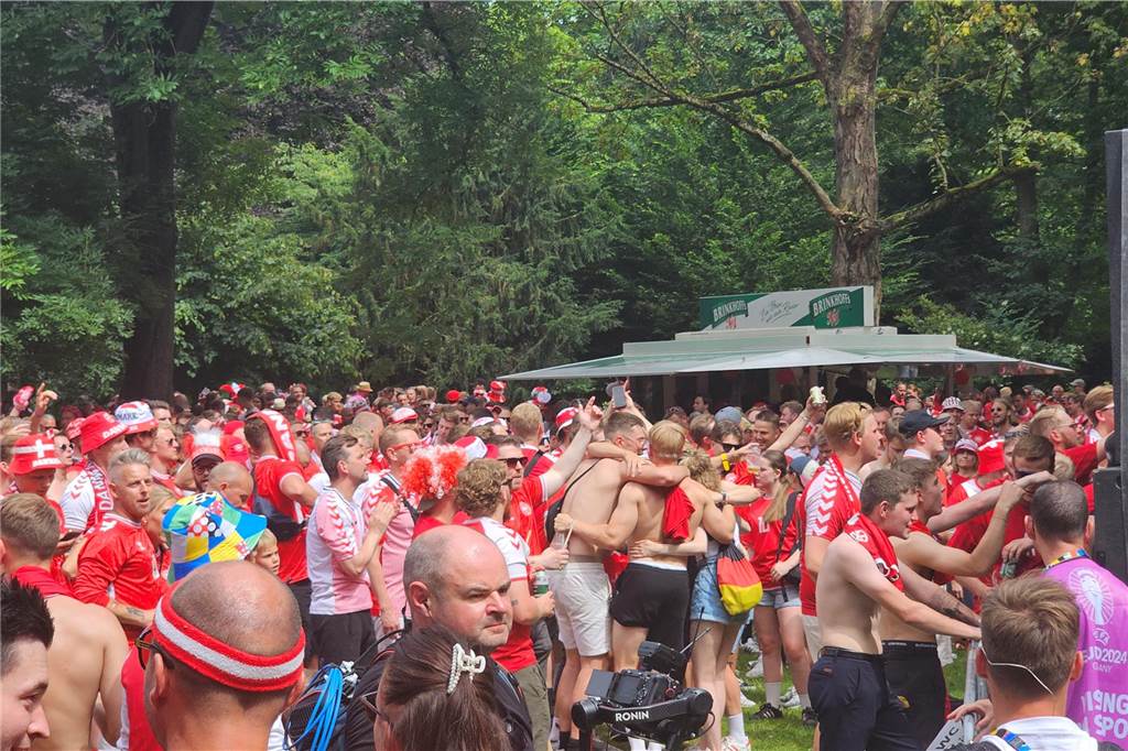 Super Stimmung bei den Dänemark-Fans in Dortmund vor dem Achtefinal-Spiel gegen Deutschland. Hier im Westpark.