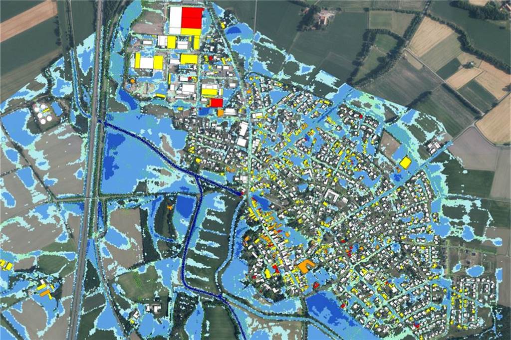Starkregen: Gefahrenkarten für Heek, Nienborg und Ahle abrufbar Szenario drei für den Ortsteil Nienborg bei 90mm Niederschlag binnen einer Stunde. Die gefährdeten Bereiche sind entsprechend eingefärbt.