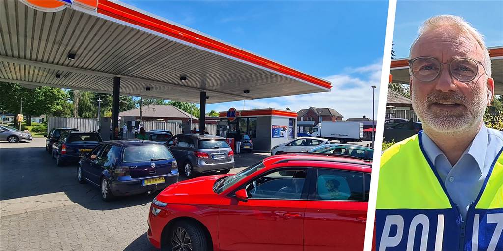 Mit Video: Tank-Chaos in Alstätte – Niederländer stürmen Zapfsäulen Tankchaos in Alstätte: Hier im Bild die K+K-Tankstelle an der Gronauer Straße. Die Polizei regelte am Freitag (3. Juni) den Verkehr. Auch Polizei-Sprecher Dietmar Brüning (Foto) hat sich vor ein Bild gemacht.