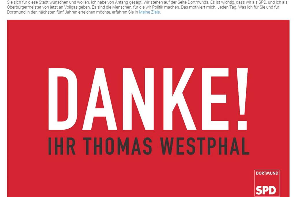 60 Ziele: Woran sich der Oberbürgermeister messen lassen muss "Danke! Ihr Thomas Westphal" ist auf der Website westphalfuerdortmund.de zu lesen.