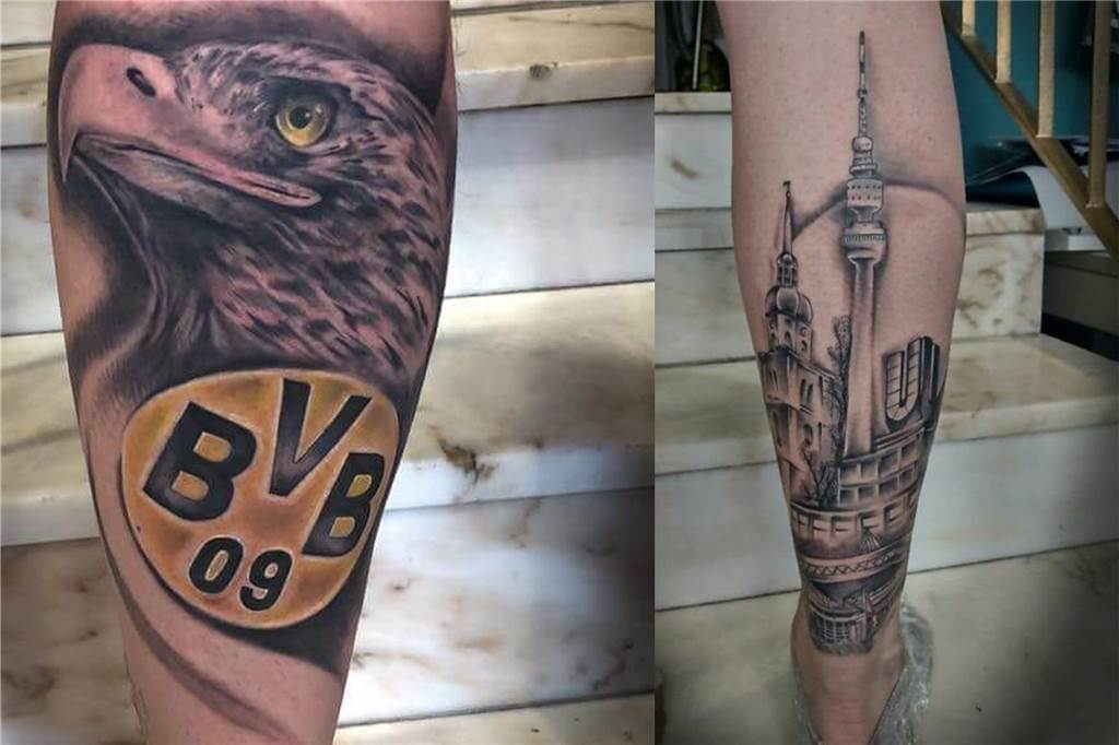 Dortmunder zeigen ihre BVB-Tattoos und verraten ihre Geschichten Timo Niebling ist auf beiden Waden tätowiert.