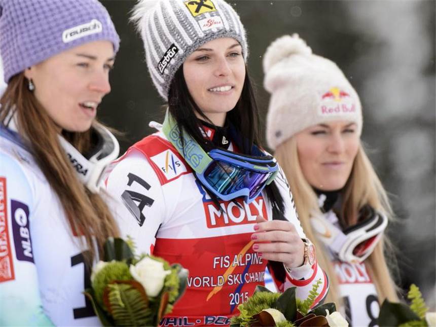 Gute Rebensburg verpasst WM-Medaille im Super G Tina Maze, Fenninger und Vonn bilden das erste Podest der WM. Foto: Jean-Christophe Bott