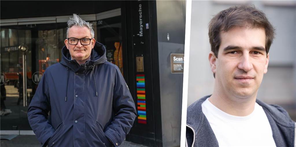 Tobias Heitmann ist Vorsitzender (li.) des Dortmunder Cityrings und stört sich wie viele Geschäftsleute an den Hinterlassenschaften von Nachtlagern an Geschäften in der City. Seine Pläne für einen privaten Sicherheitsdienst kritisiert unter anderem Bastian Pütter (r.) von der Initiative Bodo.