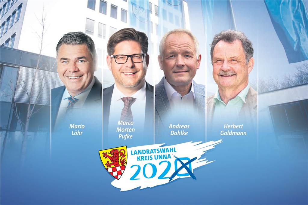 Landratskandidaten zum Umweltschutz: „Dann lassen Sie uns jetzt auch loslegen!“ Trafen sich zum Rededuell bei "Werne vor der Wahl": die Landratskandidaten 2020 v. l. Mario Löhr (SPD), Marco Morten Pufke (CDU), Andreas Dahlke (GFL) und Herbert Goldmann (Grüne).