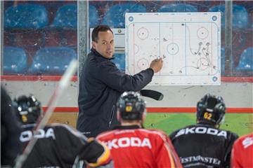 Trainer Marco Sturm bespricht mit der Eishockey-Nationalmannschaft Taktiken im Berliner Wellblechpalast. Foto: Arne Immanuel Bänsch